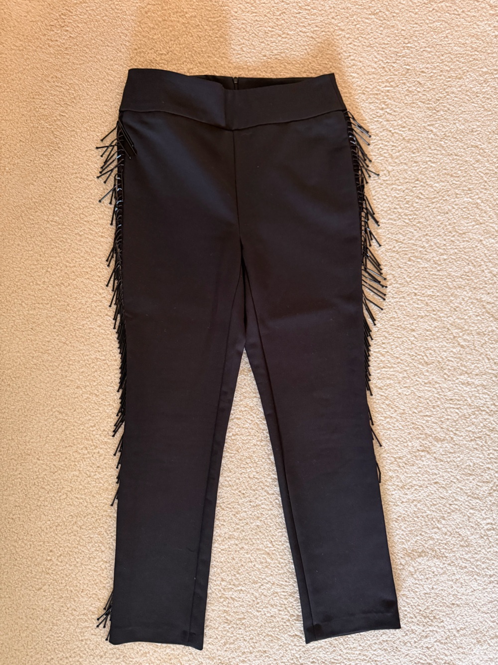 Zara Black Straight-Leg Pants with Fringe Trim, back zipper.